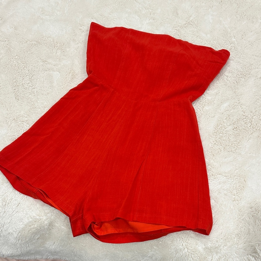 Red Strapless White Fox Romper